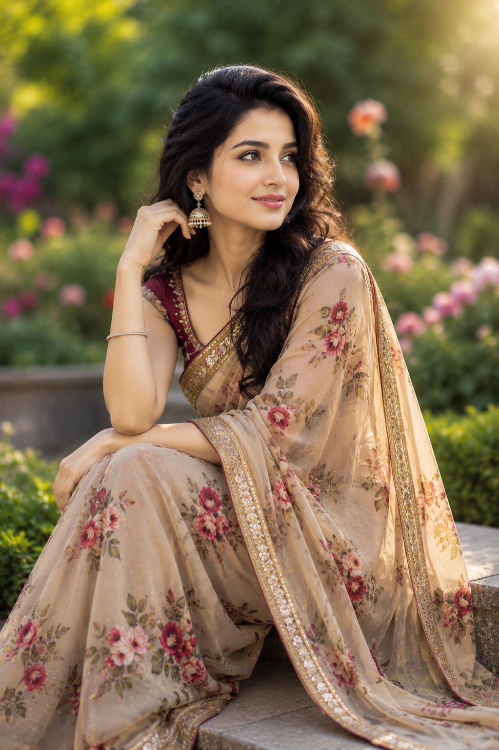 Megha Beautiful Floral Saree Garden Photo