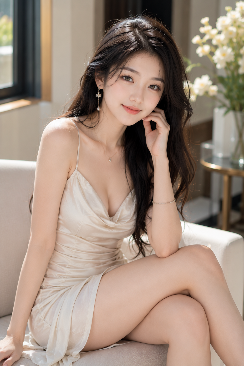 Tian in Elegant White Satin Dress Indoor Portrait