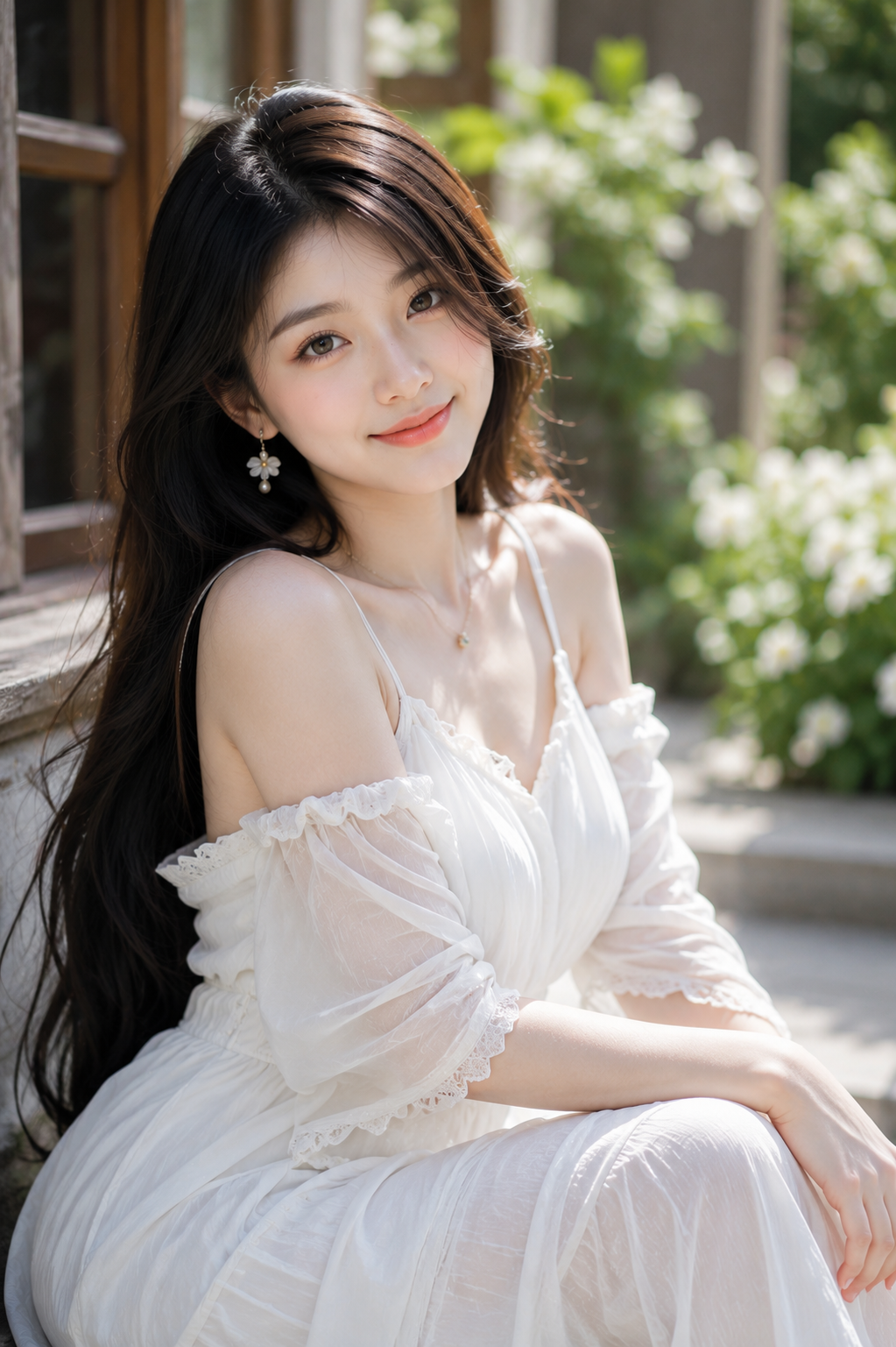Tian in Elegant White Off-Shoulder Dress in a Sunlit Garden