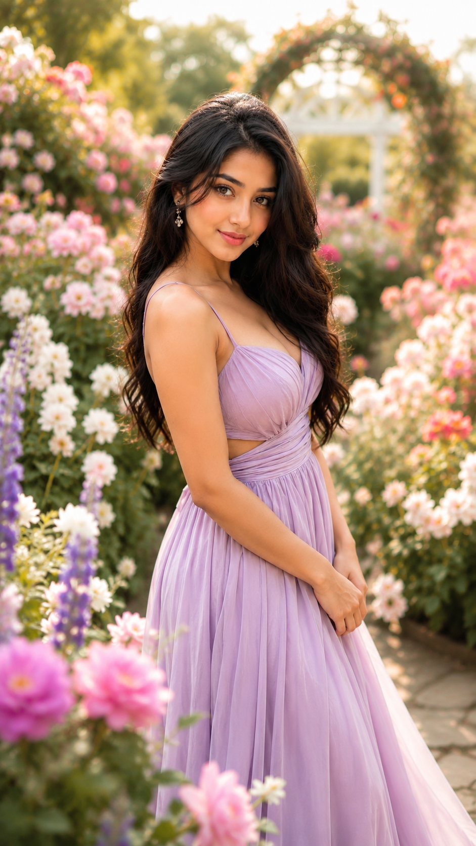 Priya in Elegant Lavender Dress in a Beautiful Rose Garden
