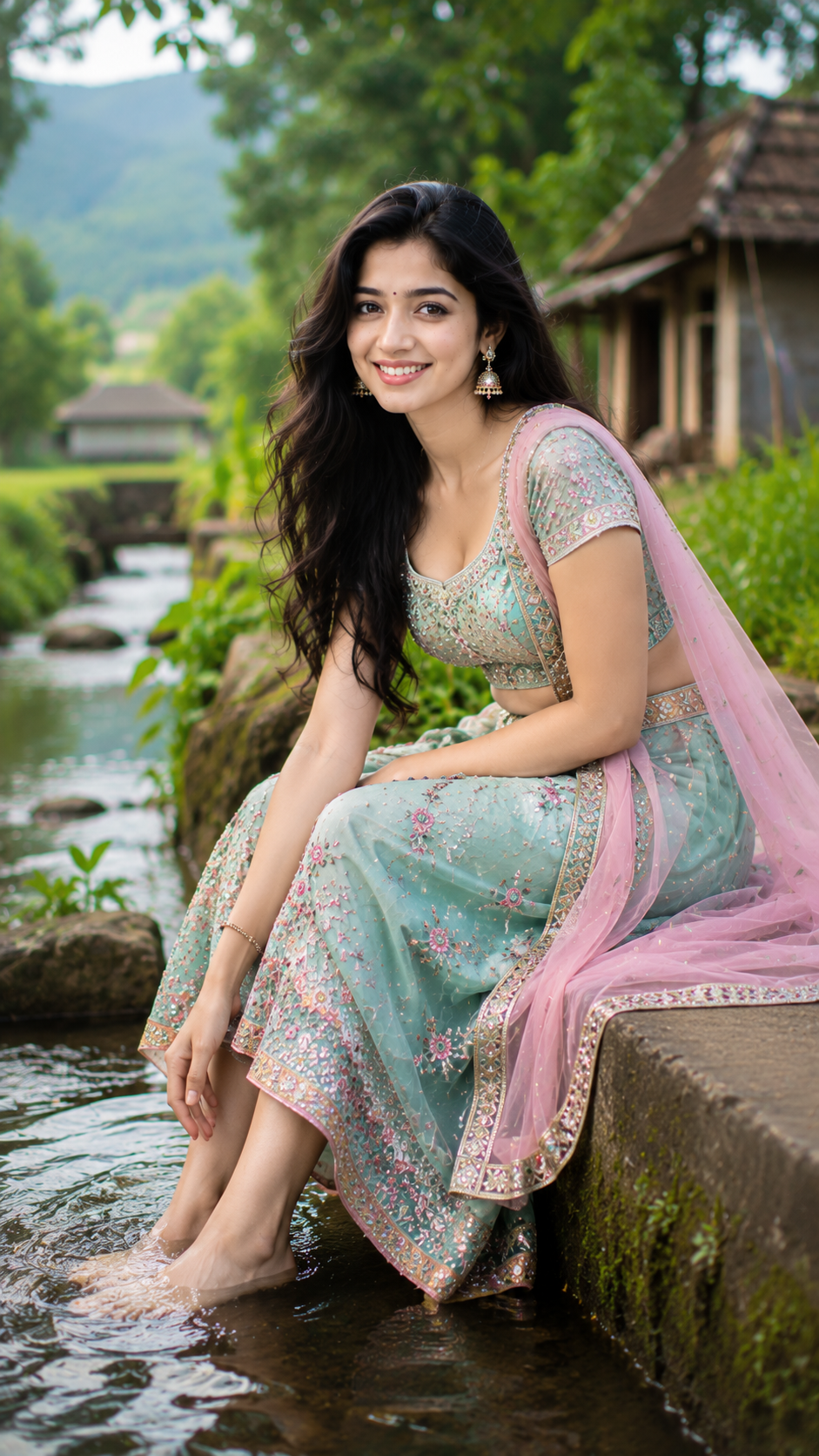 Aarti in Traditional Dress by a Scenic Mountain Stream