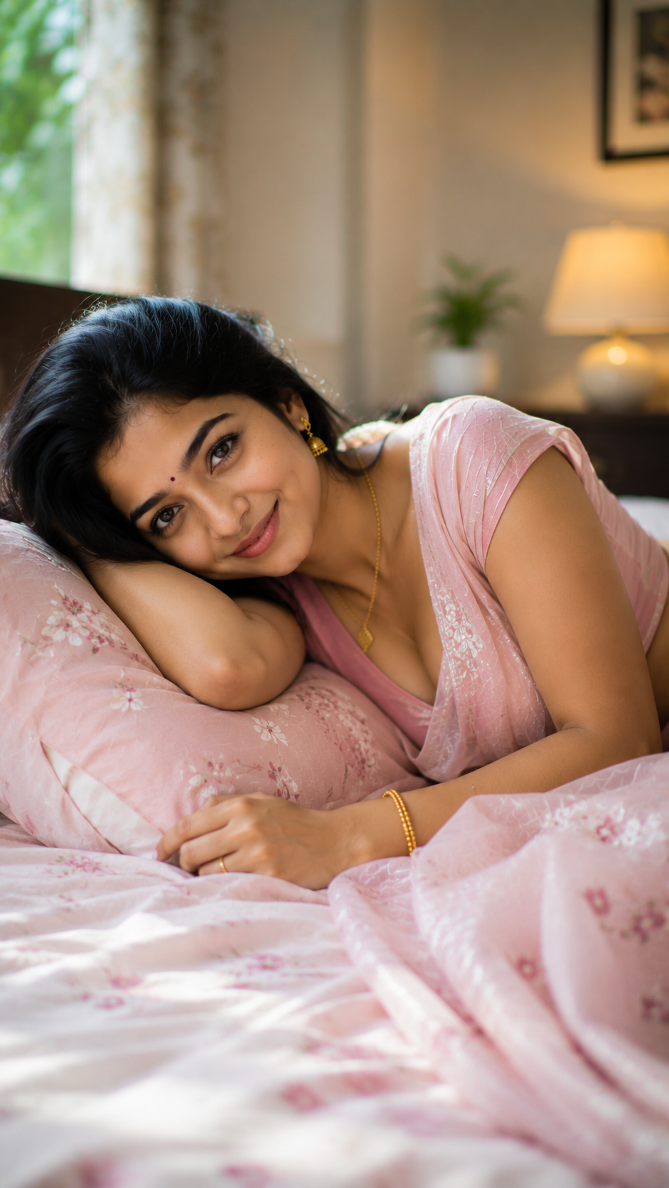 Aarti in Pink Traditional Outfit Relaxing on a Bed