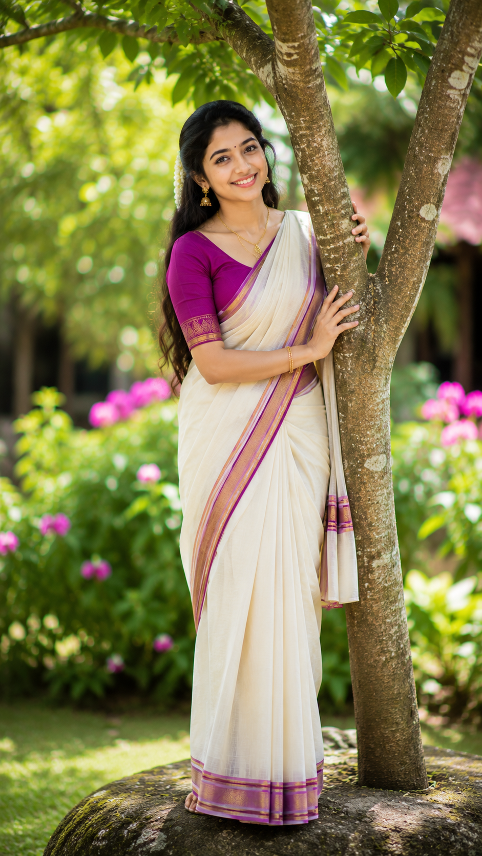 Aarti in White and Purple Saree Standing Beside a Tree