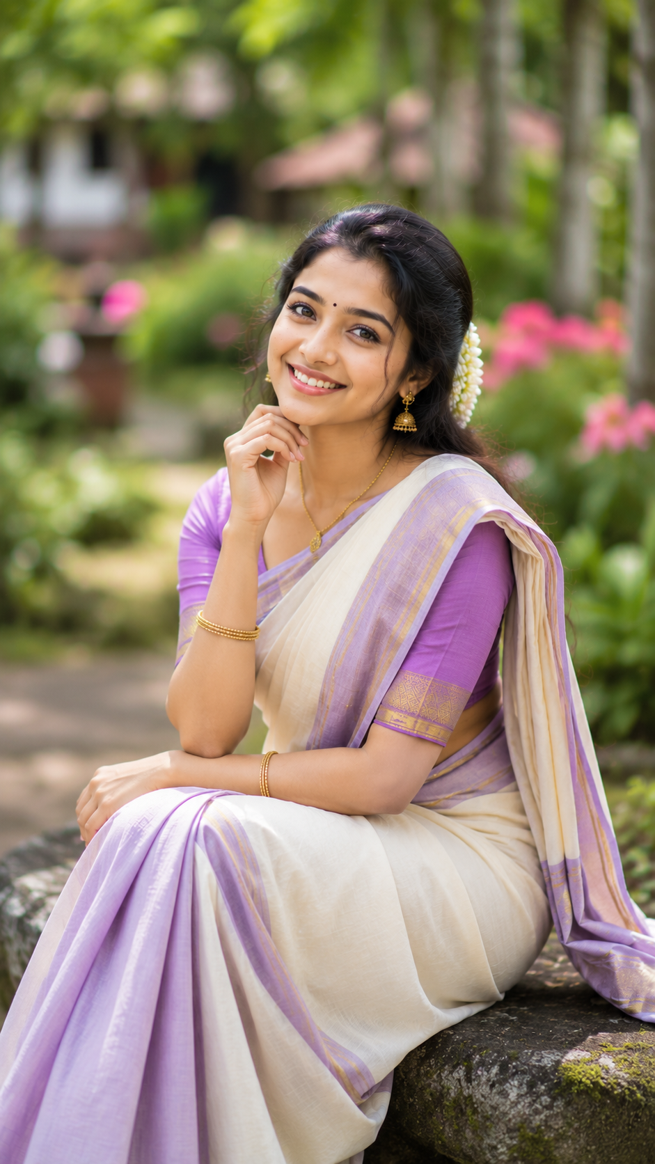 Aarti in White and Lavender Saree Sitting in a Garden