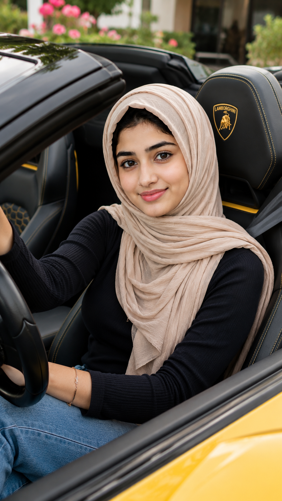 Aisha Wearing a Beige Hijab Sitting in a Luxury Sports Car