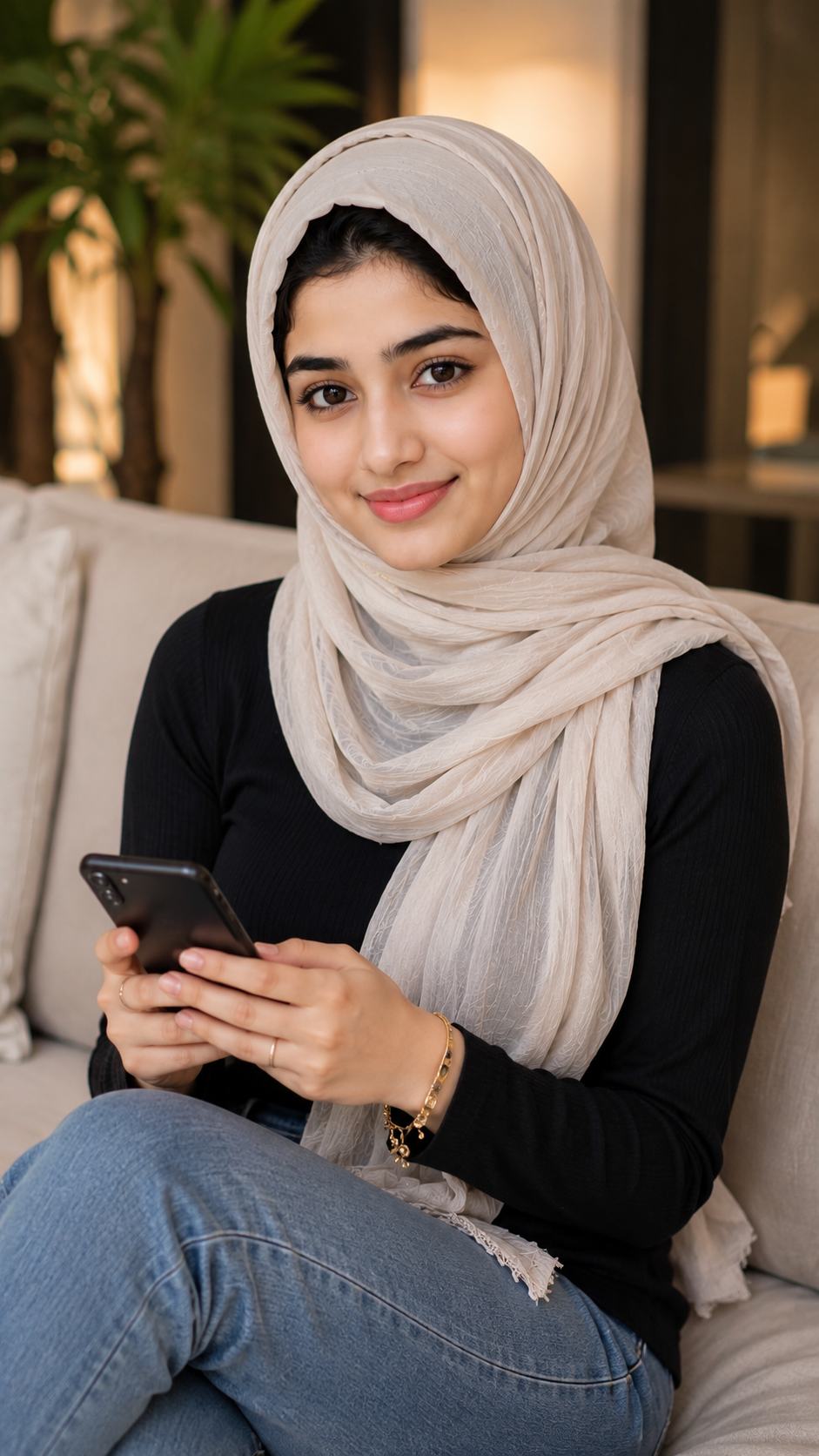 Aisha Wearing a Beige Hijab Using a Smartphone
