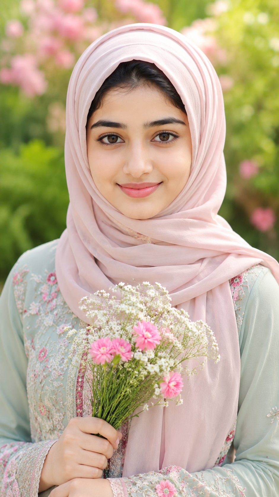 Aisha in Pink Hijab Holding a Bouquet of Flowers
