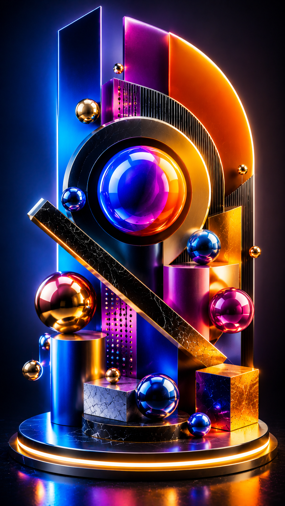 Colorful 3D Abstract Geometric Art with Neon Lights and Metallic Spheres