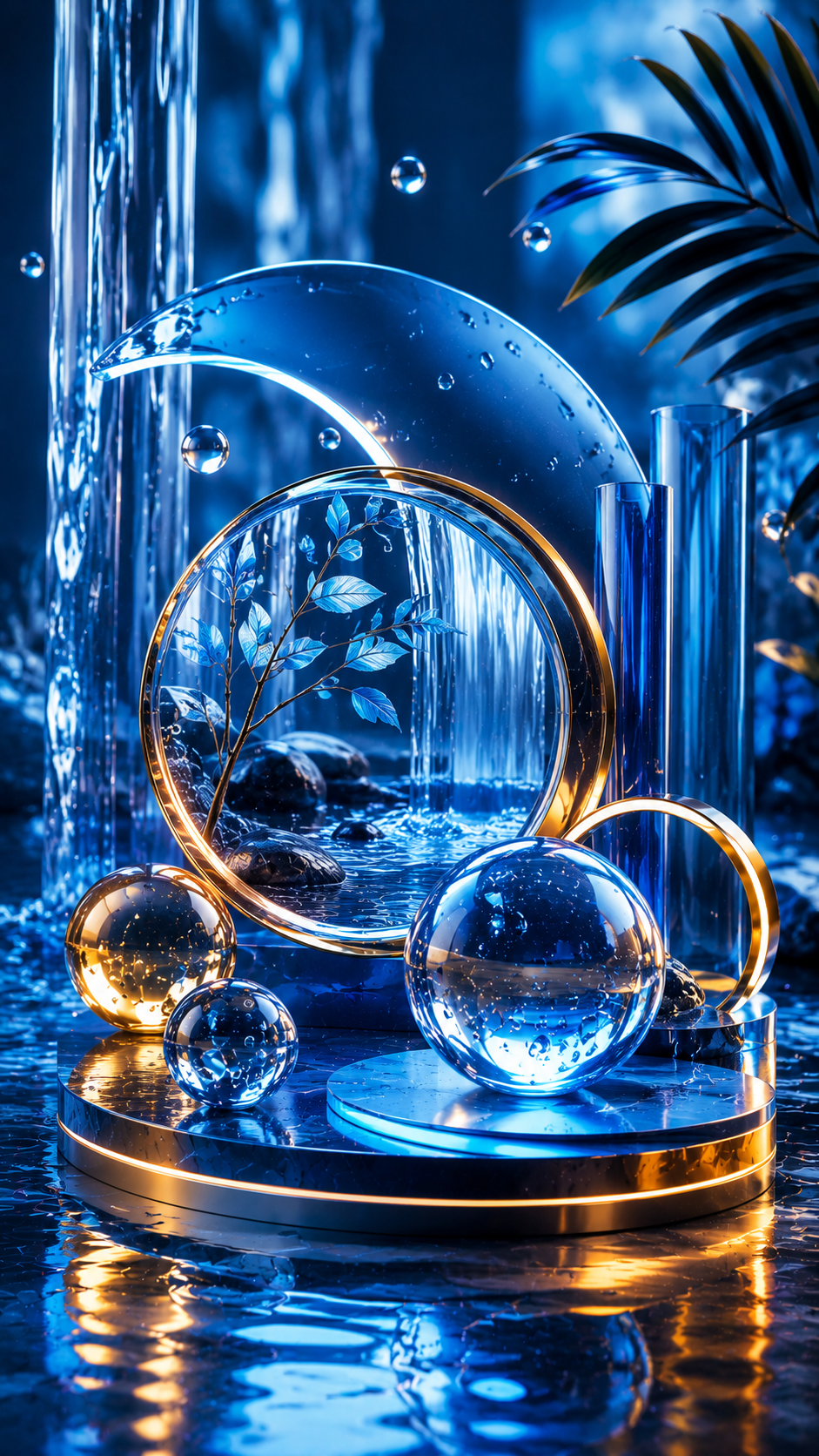 Blue 3D Abstract Glass Art with Water, Metallic Spheres and Golden Rings