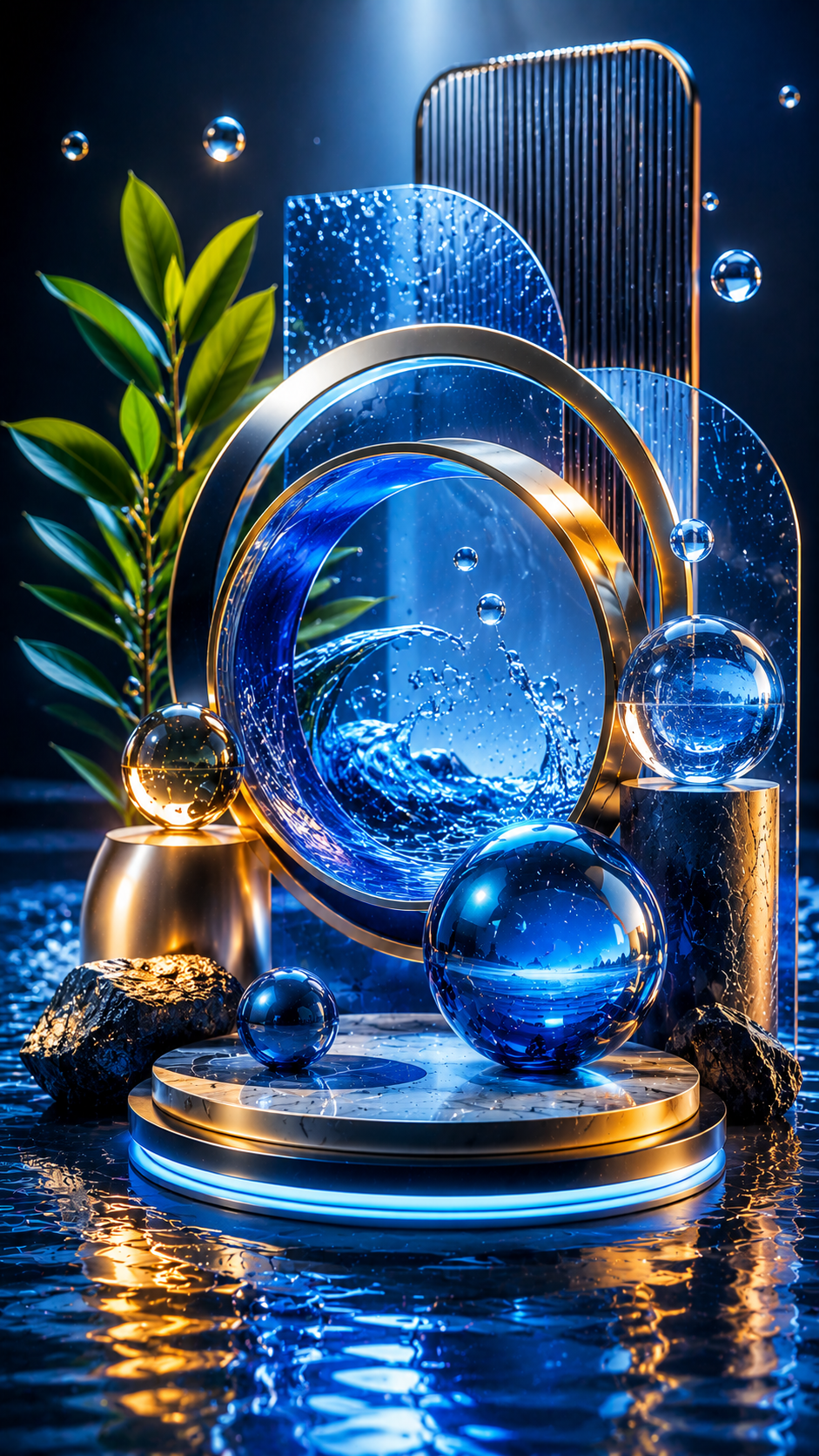Blue and Gold 3D Abstract Water Art with Glass Spheres and Geometric Shapes