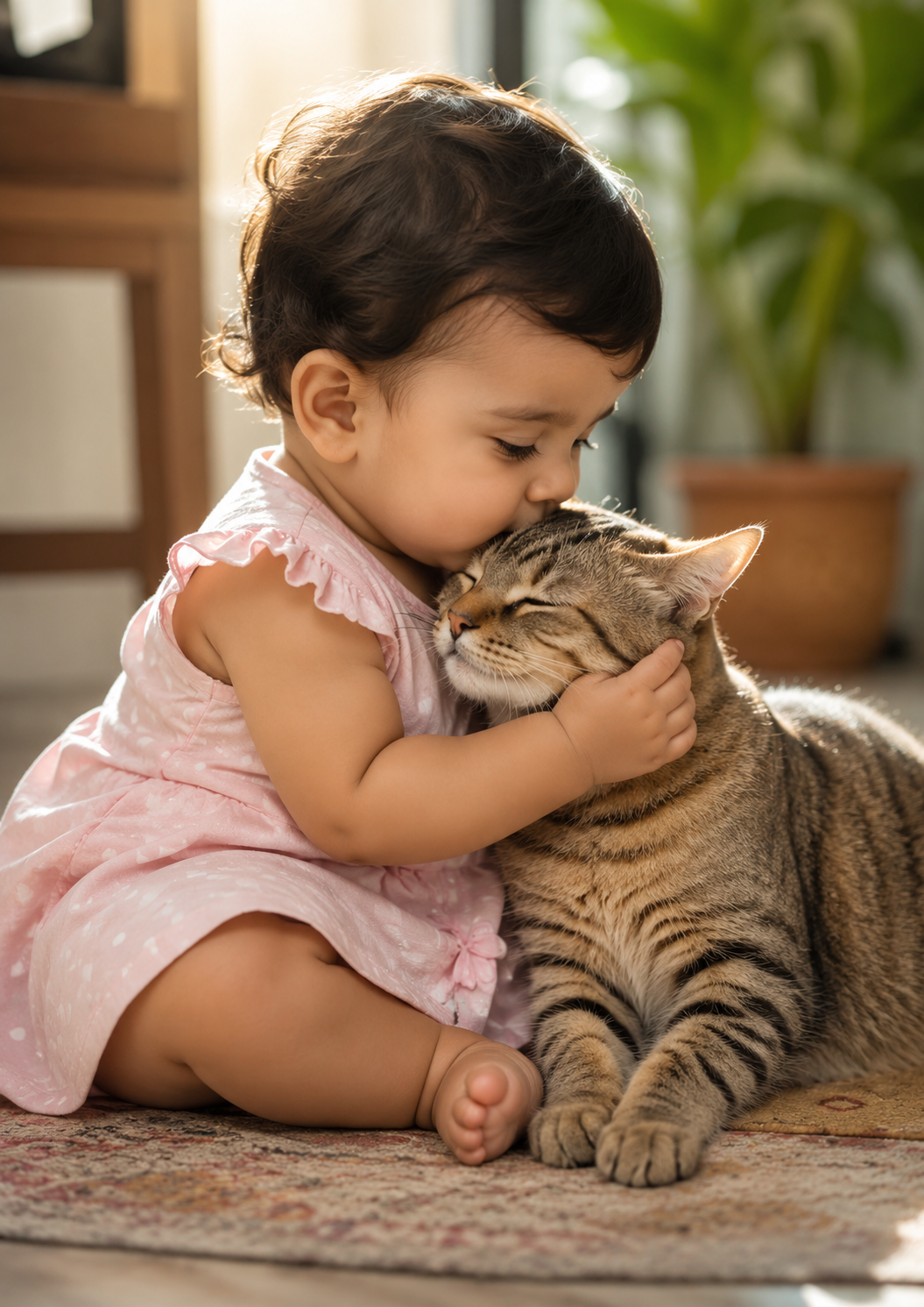 Cute Baby Girl Hugging a Tabby Cat