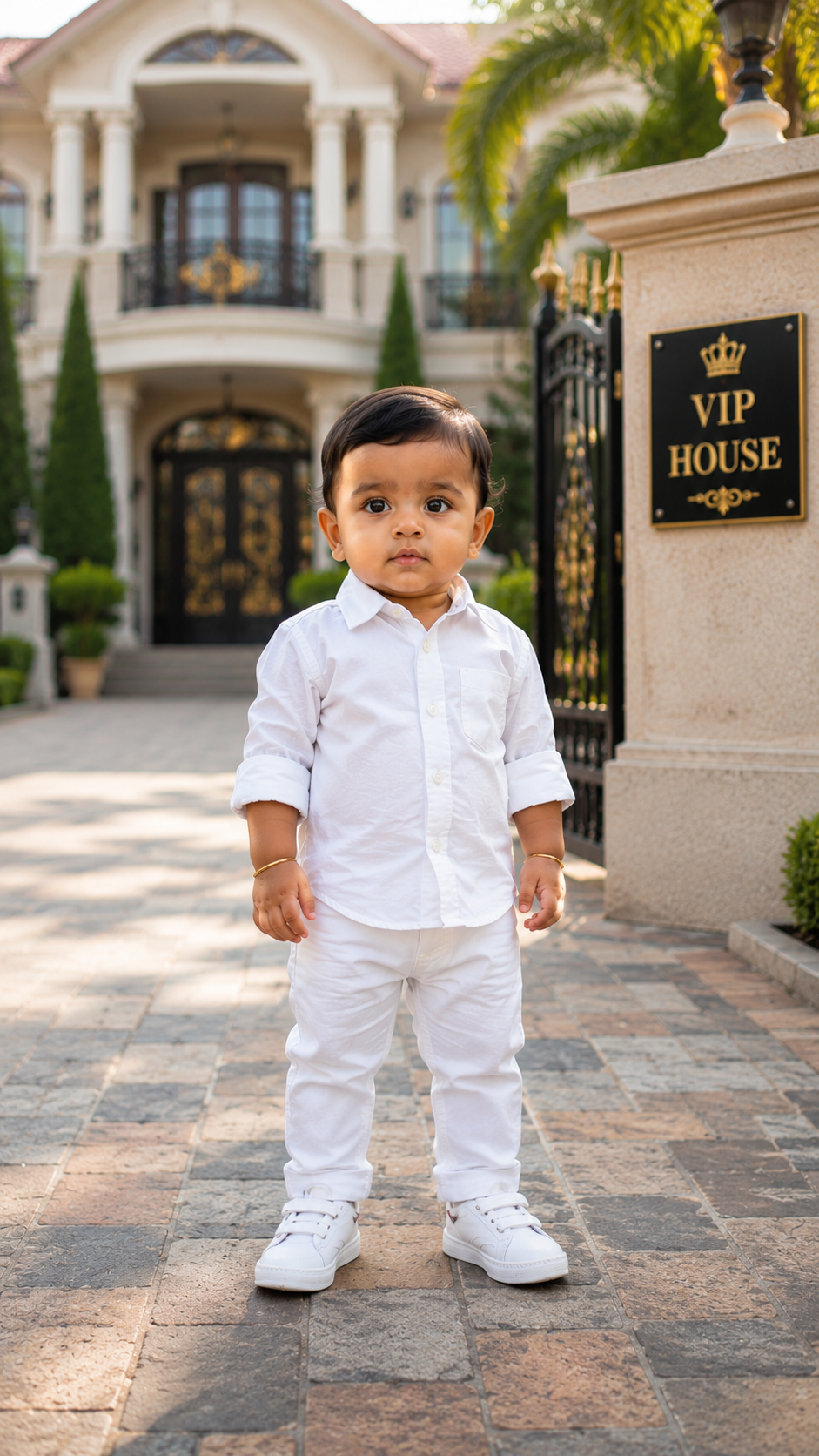 Cute Baby Boy Standing in Front of a Luxury VIP House