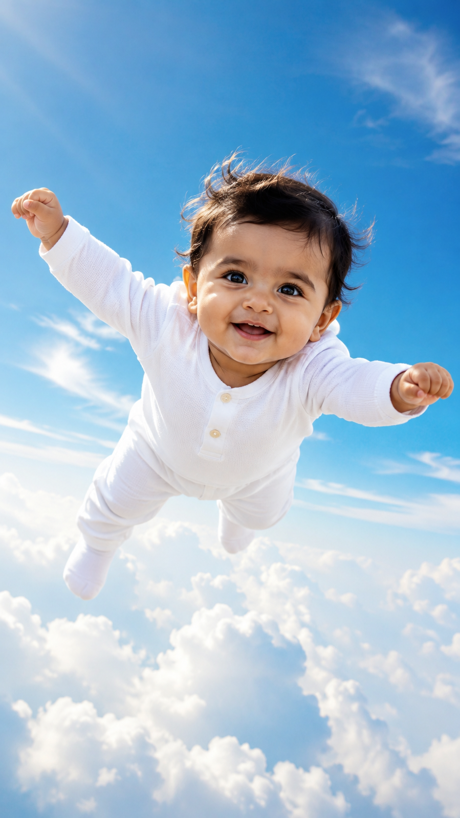 Cute Baby Boy Flying in the Sky Above the Clouds