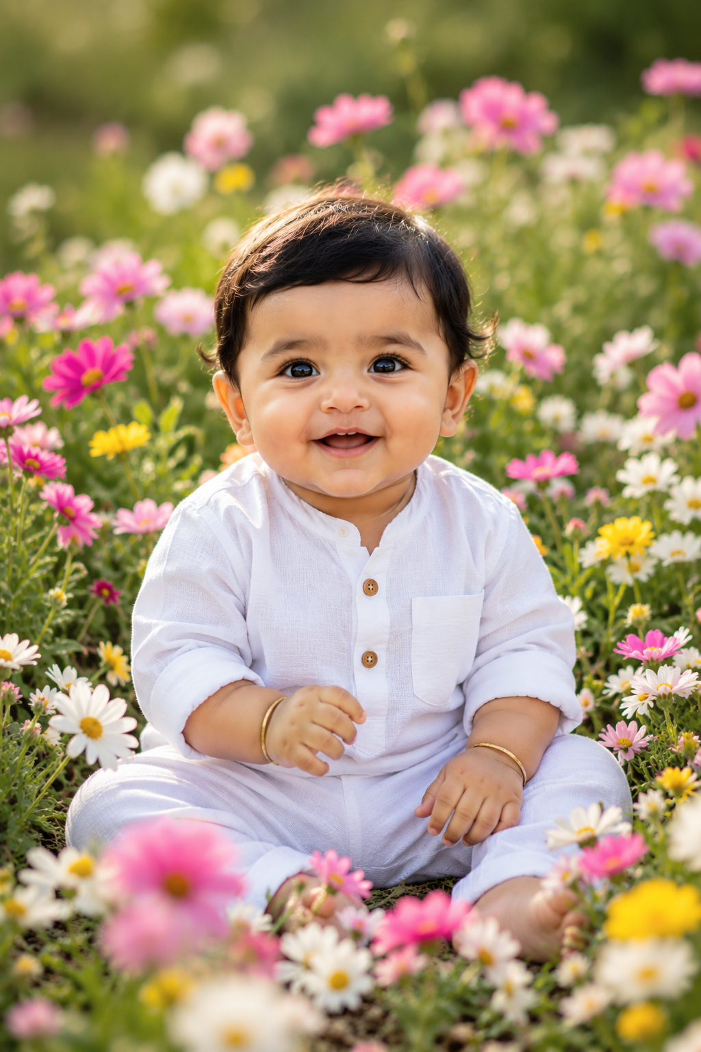 Cute Baby Boy Sitting in a Colorful Flower Garden