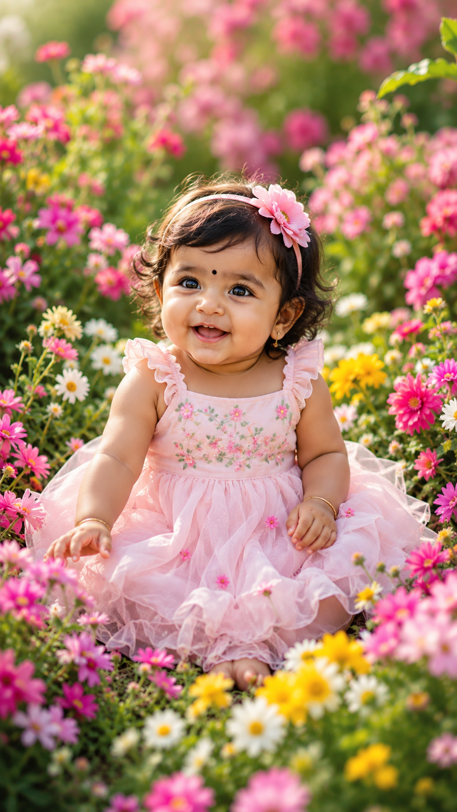Cute Baby Girl Sitting in a Beautiful Flower Garden