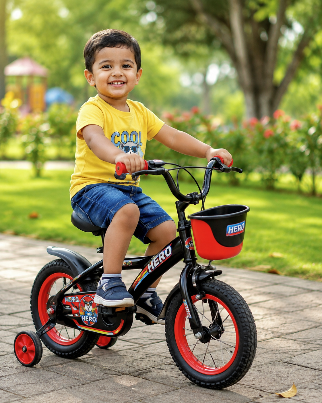 Cute Little Boy Riding a Bicycle in the Park