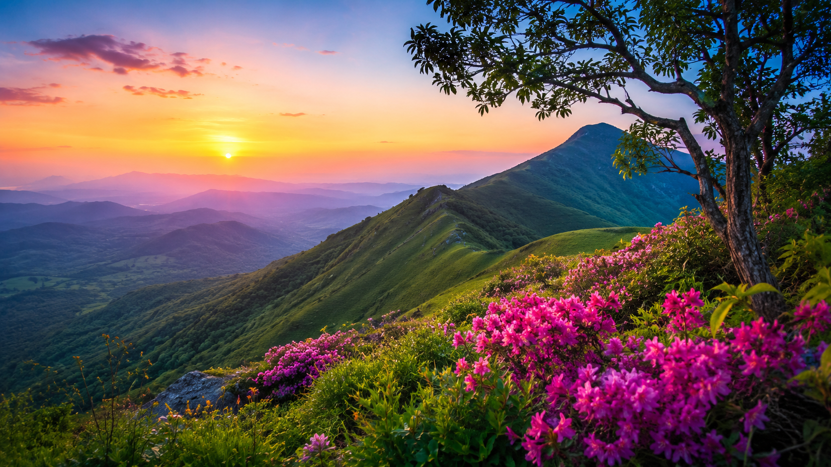 Beautiful Mountain Landscape at Sunset with Pink Flowers