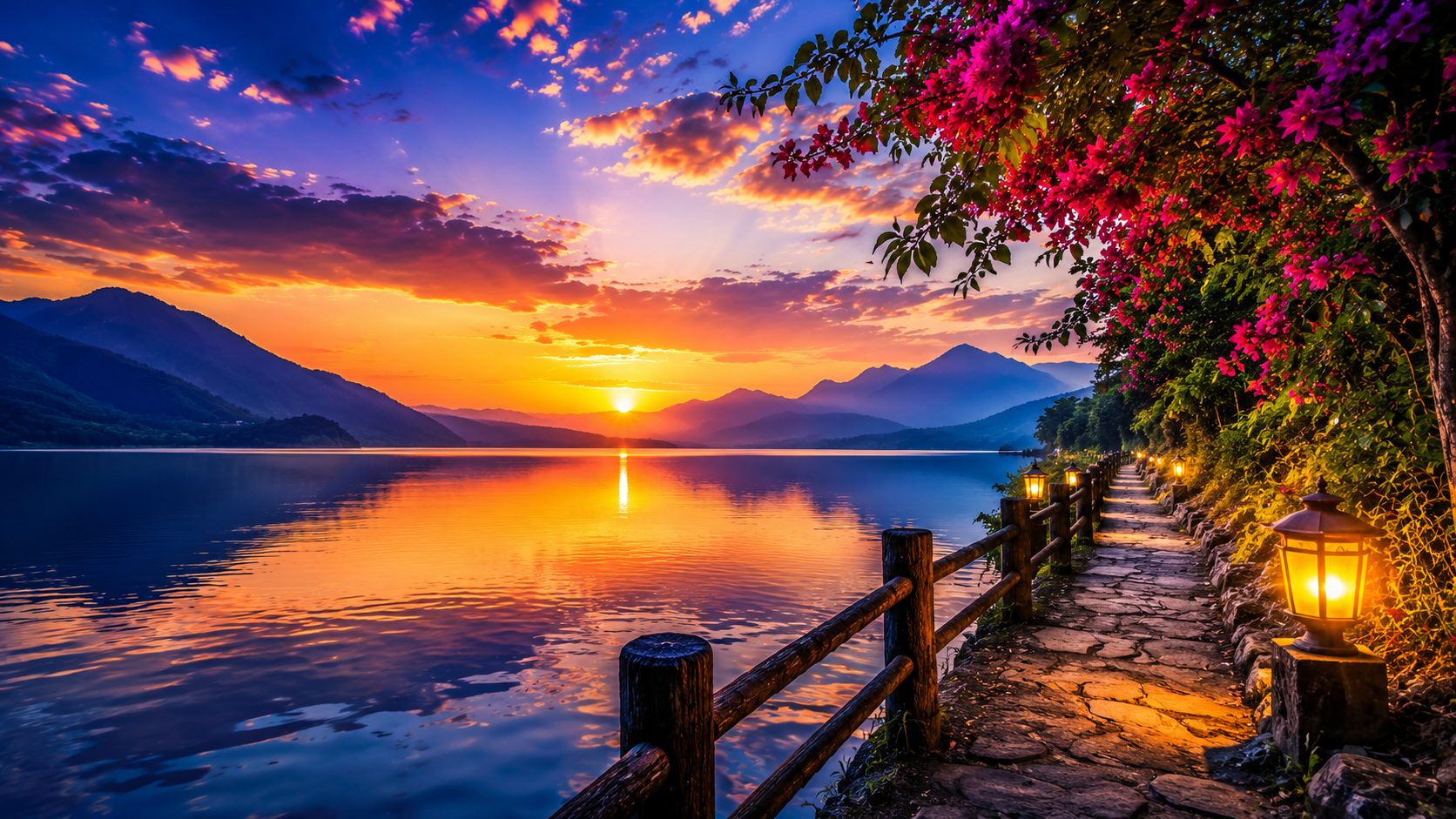 Beautiful Lake and Mountain Sunset with Illuminated Walking Path
