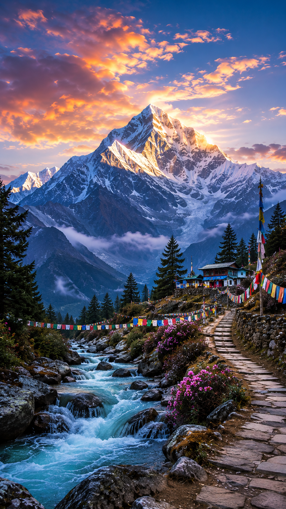 Majestic Himalayan Mountain, River and Scenic Trekking Trail at Sunset