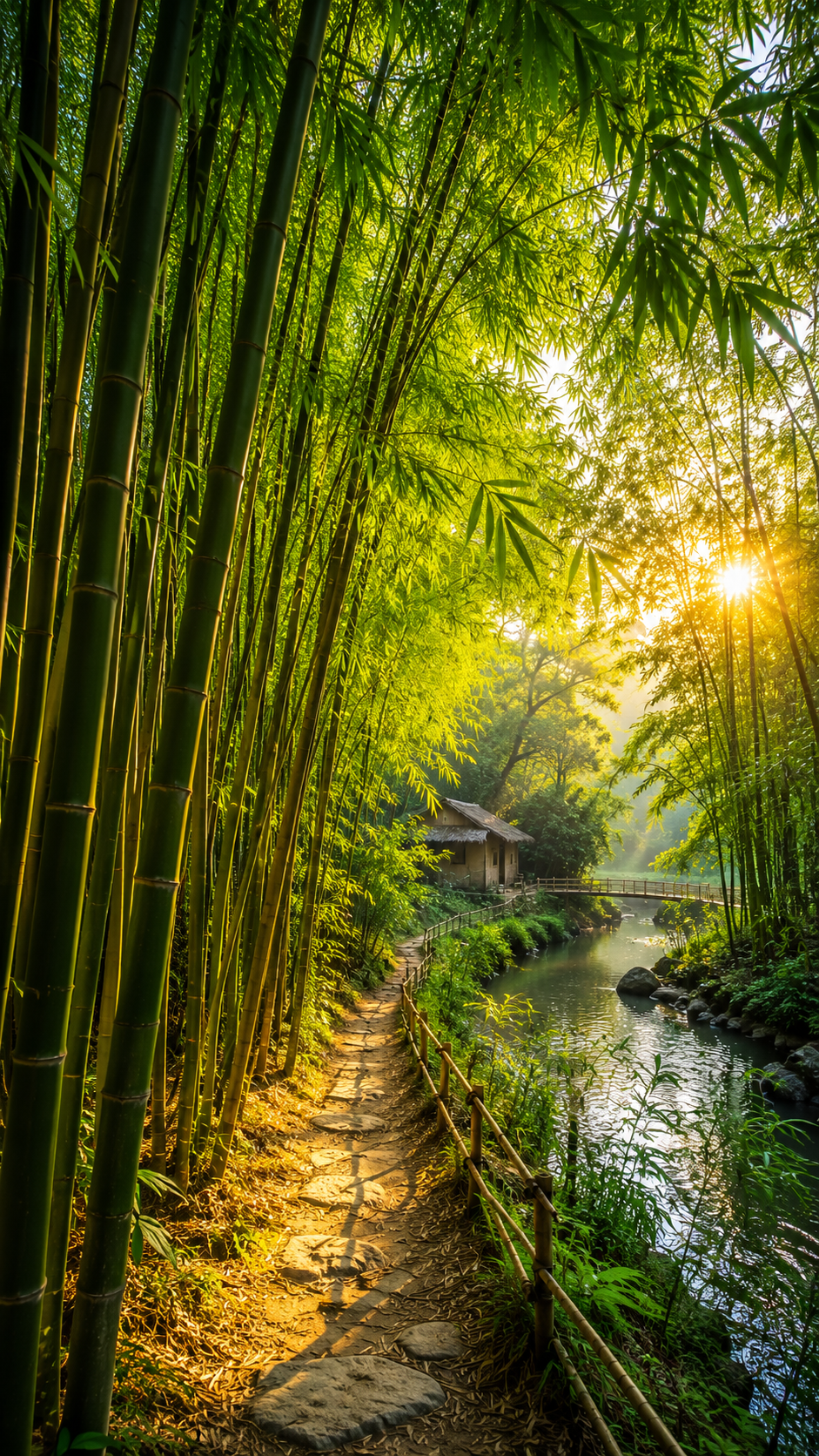 Serene Bamboo Forest Trail with Peaceful River and Golden Sunlight