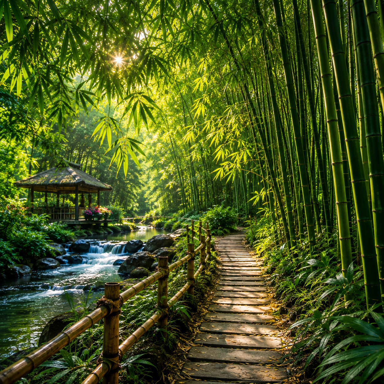 Peaceful Bamboo Forest Walkway with Flowing Stream and Scenic Gazebo