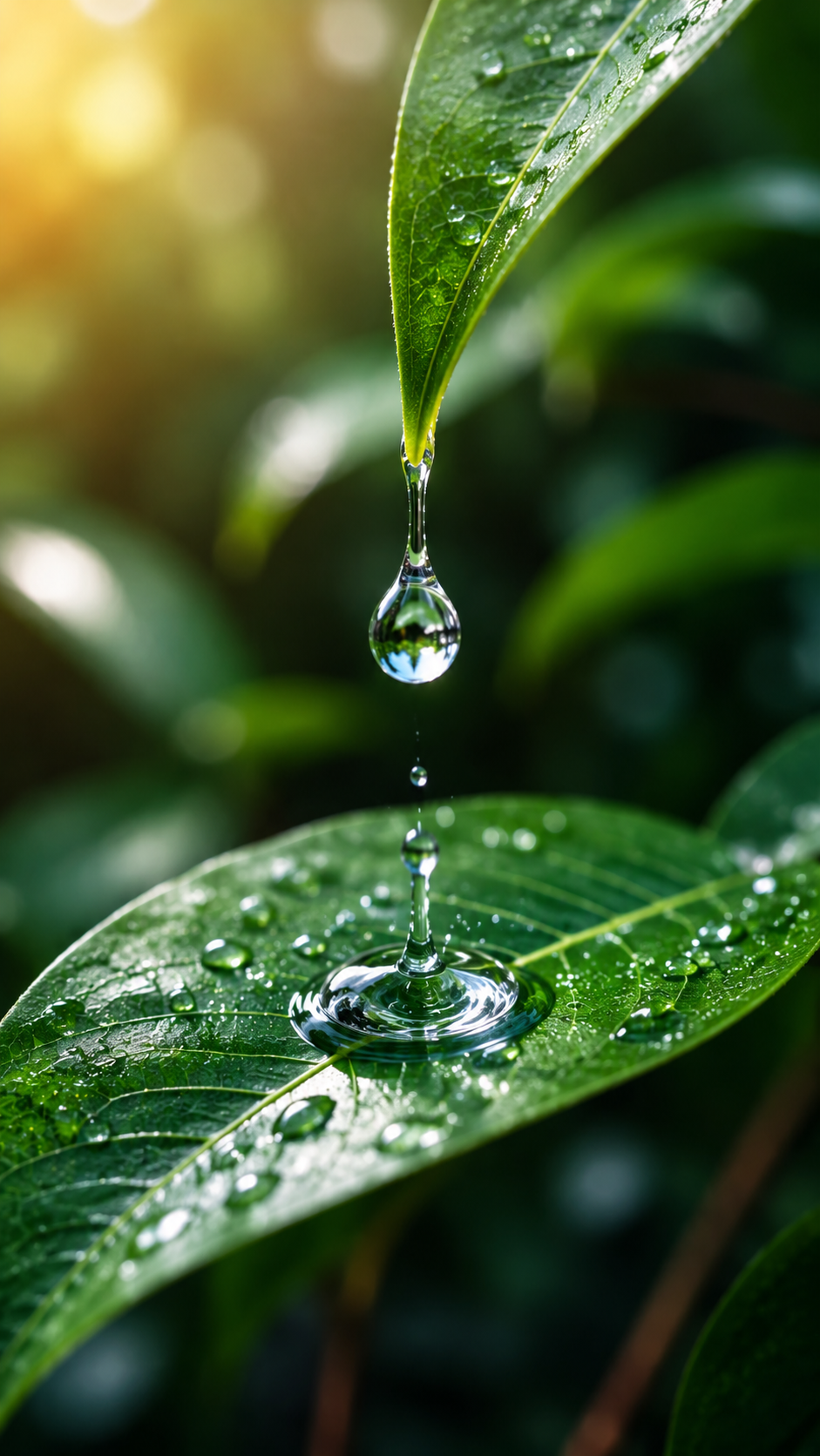 Fresh Water Droplet Falling from Green Leaf
