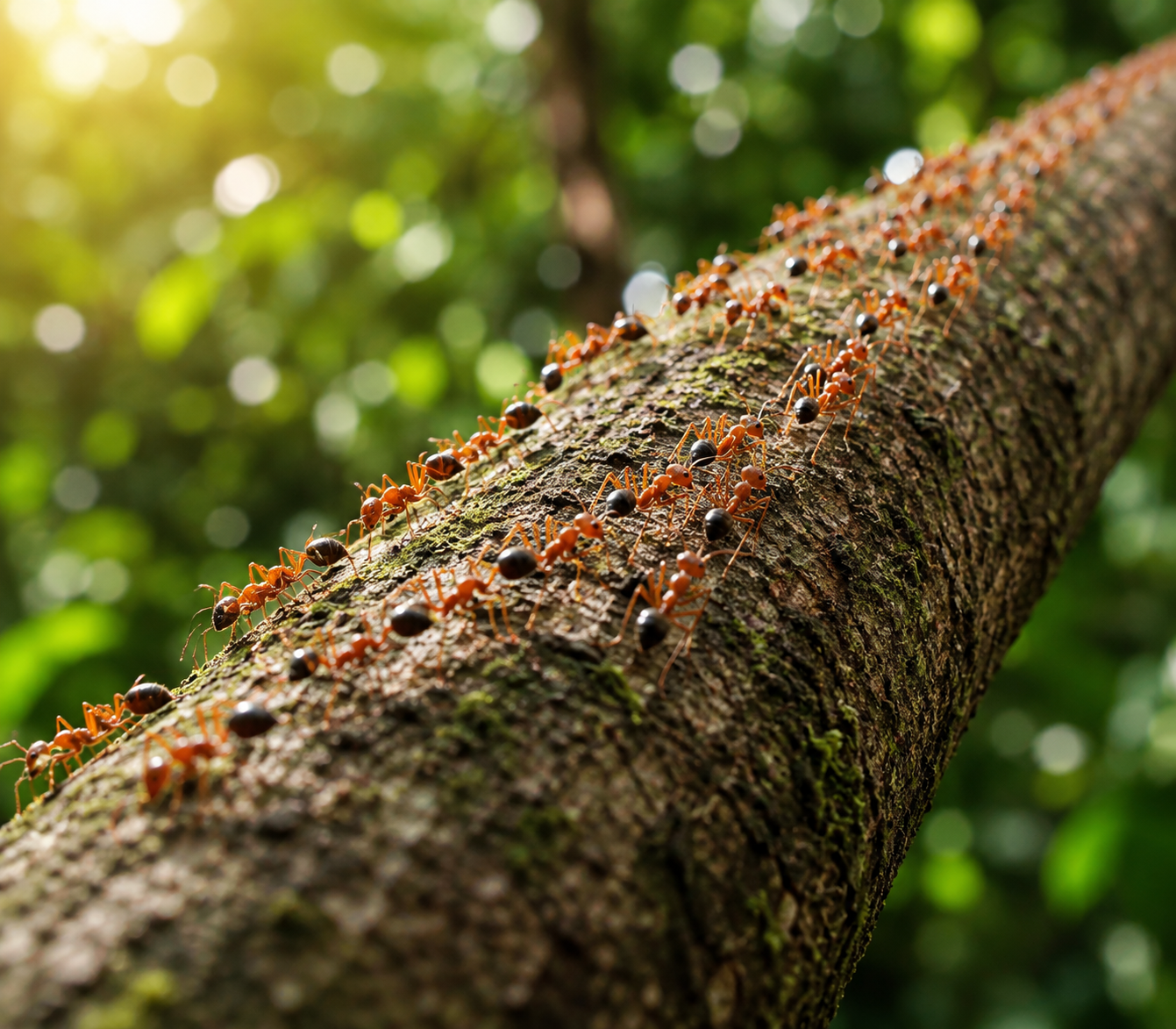 Red Ants Crawling on a Tree Trunk in the Forest
