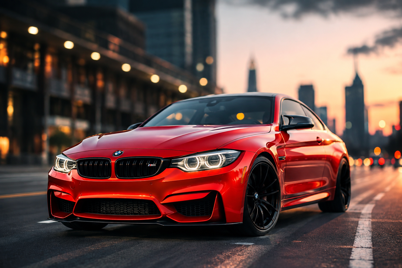 Red Luxury BMW Sports Car on City Street at Sunset