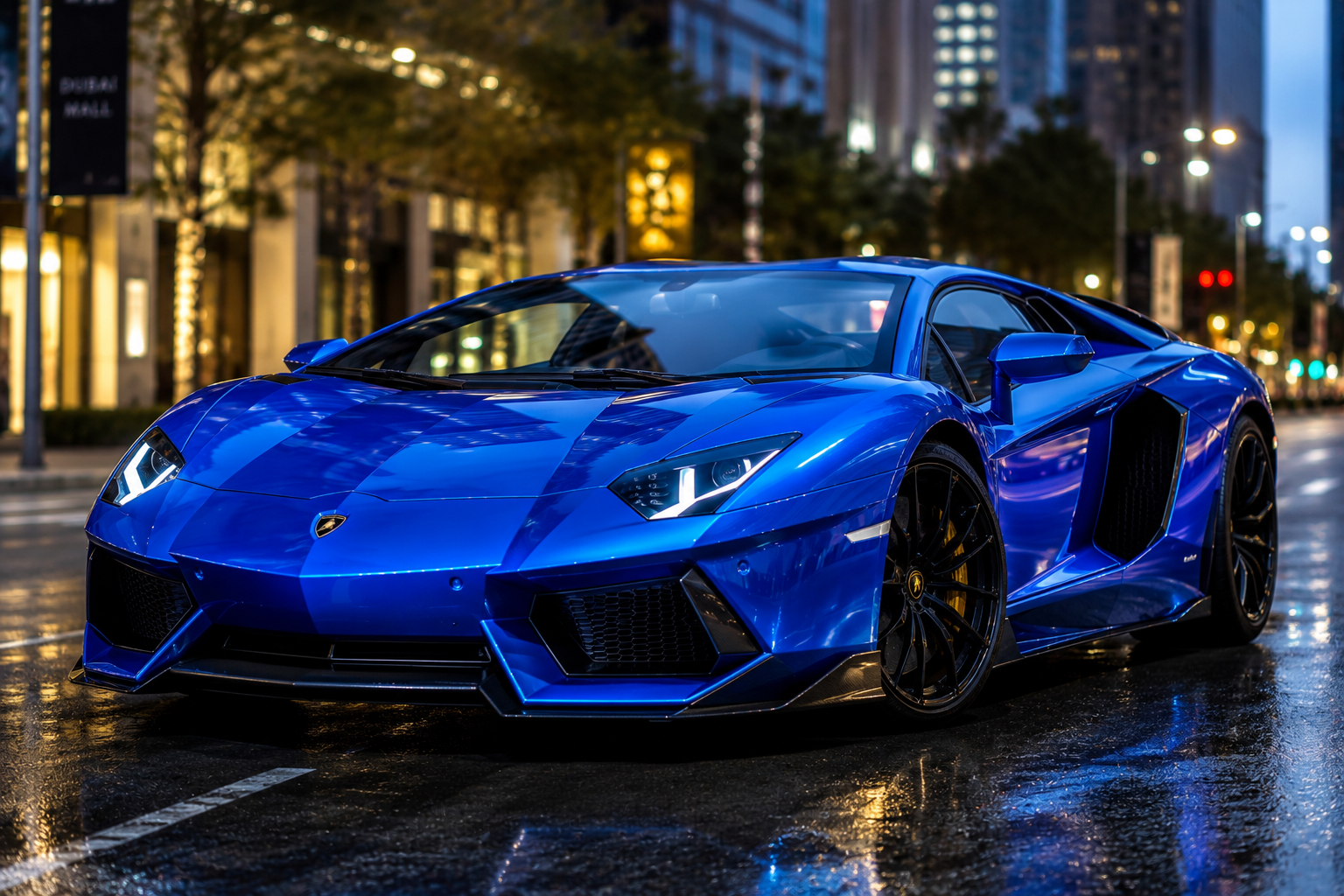 Luxury Blue Supercar on Rainy City Street