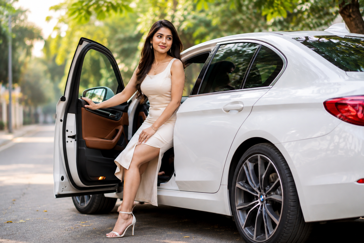 Elegant Woman Beside a Luxury White Car